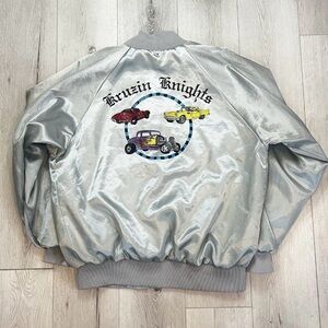 Vintage Auburn Satin Bomber Jacket Light Teal Embroidered